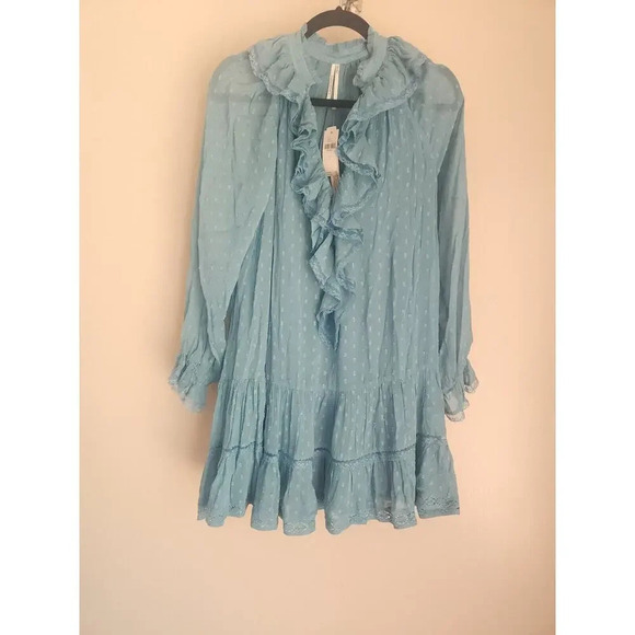 NWT By Anthropologie Long-Sleeve V-Neck Ruffled Tunic Dress Sz S TURQUOISE 9F410 - Picture 2 of 11